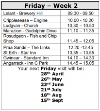 Your next Friday visit will be:  26th May, 23rd Jun, 21st Jul, 18th Aug, 15th Sep