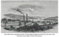 Early 19th century engraving of Hayle. The pyramidal sherlegs over the dock can be seen in this illustration, just to right of centre of the picture