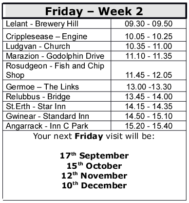 Angarrack Mobile library dates Sep-Dec 2021