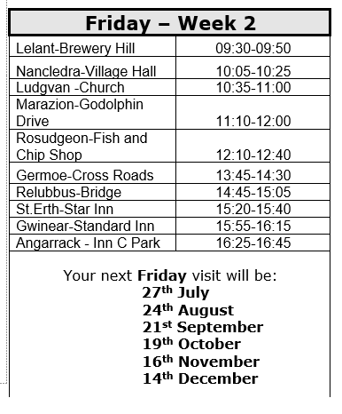 Week 2 timetable (July 2018 to December 2018) includes Tresowes, Breage, Porthleven, Nancegollan, Crowan, Black Rock, Bolenowe, Carnkie(Redruth), Portreath, Lizard, Ruan Minor, Ponsongath, Coverack, Rosenithen, Porthallow, Tregarne, Gillan, Manaccan, 